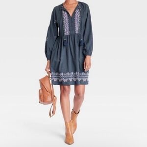 Knox Rose Embroidered Peasant Dress Women's XS Gray Boho Retro Cottagecore 90s